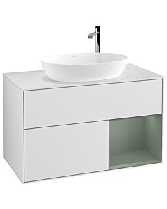 Villeroy und Boch Finion Villeroy und Boch G901GMMT 100cm, plaque de recouvrement blanc mat, Emotion, étagères laqué olive mat, laqué blanc mat