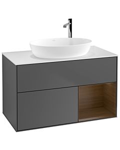 Villeroy und Boch Finion Waschtischunterschrank G901GNGK 100cm, Abdeckplatte white matt, Emotion, Regale Walnut Veneer, Anthracite matt