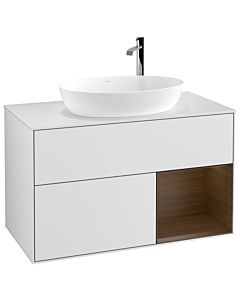 Villeroy und Boch Finion Waschtischunterschrank G901GNMT 100cm, Abdeckplatte white matt, Emotion, Regale Walnut Veneer, White matt lacquer