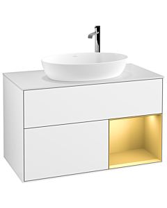 Villeroy und Boch Finion Villeroy und Boch G901HFGF 100cm, plaque de recouvrement blanc mat, Emotion, étagères laqué or mat, laqué blanc brillant