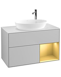 Villeroy und Boch Finion Waschtischunterschrank G901HFGJ 100cm, Abdeckplatte white matt, Emotion, Regale Gold matt lacquer, Light grey matt
