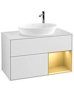 Villeroy und Boch Finion Waschtischunterschrank G901HFMT 100cm, Abdeckplatte white matt, Emotion, Regale Gold matt lacquer, White matt lacquer