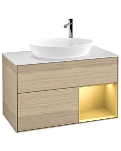 Villeroy und Boch Finion Waschtischunterschrank G901HFPC 100cm, Abdeckplatte white matt, Emotion, Regale Gold matt lacquer, Oak Veneer