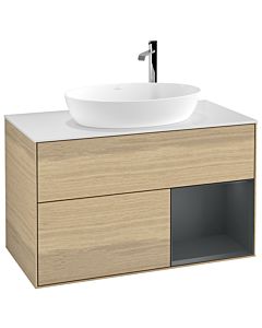 Villeroy und Boch Finion Waschtischunterschrank G901HGPC 100cm, Abdeckplatte white matt, Emotion, Regale Midnight matt lacquer, Oak Veneer