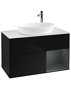 Villeroy und Boch Finion Waschtischunterschrank G901HGPH 100cm, Abdeckplatte white matt, Emotion, Regale Midnight matt lacquer, Glossy Black Lacquer