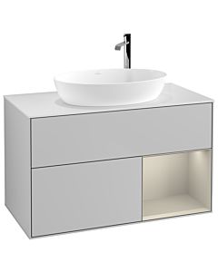 Villeroy und Boch Finion Villeroy und Boch G901HHGJ 100cm, plaque de recouvrement blanc mat, Emotion, étagères sable laqué mat, gris clair mat