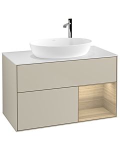 Villeroy und Boch Finion Waschtischunterschrank G901PCHH 100cm, Abdeckplatte white matt, Emotion, Regale Oak Veneer, Sand Matt Lacquer