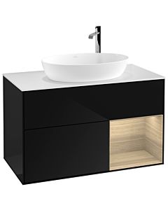 Villeroy und Boch Finion Waschtischunterschrank G901PCPH 100cm, Abdeckplatte white matt, Emotion, Regale Oak Veneer, Glossy Black Lacquer
