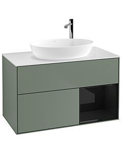 Villeroy und Boch Finion Waschtischunterschrank G901PHGM 100cm, Abdeckplatte white matt, Emotion, Regale Glossy black lacquer, Olive Matt Lacquer