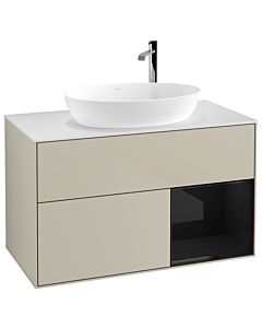 Villeroy und Boch Finion Waschtischunterschrank G901PHHH 100cm, Abdeckplatte white matt, Emotion, Regale Glossy black lacquer, Sand Matt Lacquer