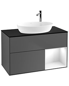 Villeroy und Boch Finion Waschtischunterschrank G902GFGK 100cm, Abdeckplatte black matt, Emotion, Regale Glossy white lacquer, Anthracite matt