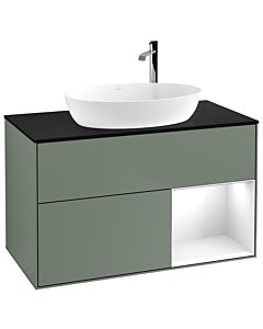 Villeroy und Boch Finion Waschtischunterschrank G902GFGM 100cm, Abdeckplatte black matt, Emotion, Regale Glossy white lacquer, Olive Matt Lacquer