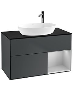 Villeroy und Boch Finion Waschtischunterschrank G902GJHG 100cm, Abdeckplatte black matt, Emotion, Regale Light grey matt lacquer, Midnight Blue Matt Lacquer