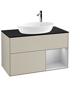 Villeroy und Boch Finion Waschtischunterschrank G902GJHH 100cm, Abdeckplatte black matt, Emotion, Regale Light grey matt lacquer, Sand Matt Lacquer
