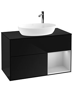 Villeroy und Boch Finion Waschtischunterschrank G902GJPH 100cm, Abdeckplatte black matt, Emotion, Regale Light grey matt lacquer, Glossy Black Lacquer