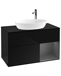 Villeroy und Boch Finion Waschtischunterschrank G902GKPH 100cm, Abdeckplatte black matt, Emotion, Regale Anthracite matt lacquer, Glossy Black Lacquer