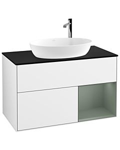 Villeroy und Boch Finion Villeroy und Boch G902GMGF 100cm, plaque de recouvrement noir mat, Emotion, étagères laqué olive mat, laqué blanc brillant