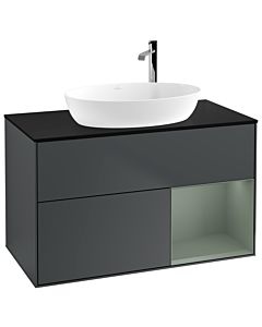 Villeroy und Boch Finion Waschtischunterschrank G902GMHG 100cm, Abdeckplatte black matt, Emotion, Regale Olive matt lacquer, Midnight Blue Matt Lacquer