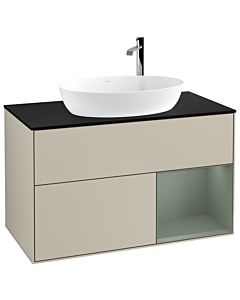 Villeroy und Boch Finion Villeroy und Boch G902GMHH 100cm, plaque de recouvrement noir mat, Emotion, étagères laqué olive mat, Sand Matt Lacquer