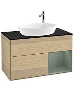 Villeroy und Boch Finion Waschtischunterschrank G902GMPC 100cm, Abdeckplatte black matt, Emotion, Regale Olive matt lacquer, Oak Veneer