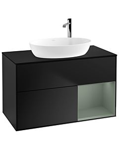 Villeroy und Boch Finion Waschtischunterschrank G902GMPD 100cm, Abdeckplatte black matt, Emotion, Regale Olive matt lacquer, Black matt lacquer