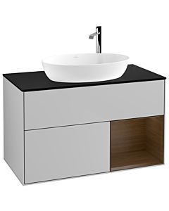 Villeroy und Boch Finion Waschtischunterschrank G902GNGJ 100cm, Abdeckplatte black matt, Emotion, Regale Walnut Veneer, Light grey matt