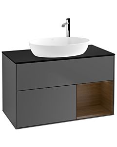 Villeroy und Boch Finion Waschtischunterschrank G902GNGK 100cm, Abdeckplatte black matt, Emotion, Regale Walnut Veneer, Anthracite matt