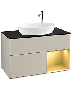 Villeroy und Boch Finion Villeroy und Boch G902HFHH 100cm, plaque de recouvrement noir mat, Emotion, étagères laqué mat or, Sand Matt Lacquer