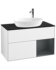 Villeroy und Boch Finion Villeroy und Boch G902HGGF 100cm, plaque de recouvrement noire mate, Emotion, étagères laqué mat Midnight, laqué blanc brillant