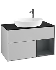 Villeroy und Boch Finion Villeroy und Boch G902HGGJ 100cm, plaque de recouvrement noire mate, Emotion, étagères laqué mat Midnight, gris clair mat