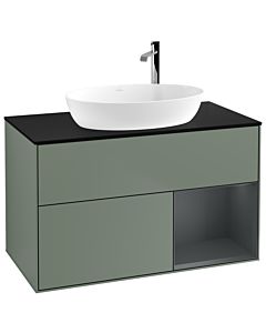 Villeroy und Boch Finion Waschtischunterschrank G902HGGM 100cm, Abdeckplatte black matt, Emotion, Regale Midnight matt lacquer, Olive Matt Lacquer