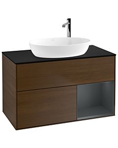 Villeroy und Boch Finion Waschtischunterschrank G902HGGN 100cm, Abdeckplatte black matt, Emotion, Regale Midnight matt lacquer, Walnut veneer