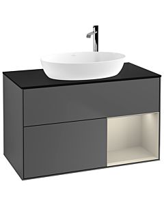 Villeroy und Boch Finion Waschtischunterschrank G902HHGK 100cm, Abdeckplatte black matt, Emotion, Regale sand matt lacquer, Anthracite matt