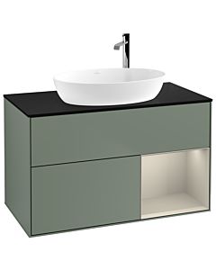 Villeroy und Boch Finion Villeroy und Boch G902HHGM 100cm, plaque de recouvrement noir mat, Emotion, étagères sable laqué mat, Olive Matt Lacquer