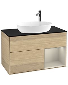 Villeroy und Boch Finion Waschtischunterschrank G902HHPC 100cm, Abdeckplatte black matt, Emotion, Regale sand matt lacquer, Oak Veneer