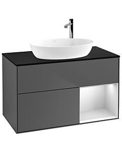 Villeroy und Boch Finion Waschtischunterschrank G902MTGK 100cm, Abdeckplatte black matt, Emotion, Regale White matt lacquer, Anthracite matt