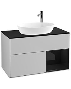 Villeroy und Boch Finion Waschtischunterschrank G902PHGJ 100cm, Abdeckplatte black matt, Emotion, Regale Glossy black lacquer, Light grey matt