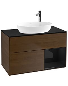 Villeroy und Boch Finion Waschtischunterschrank G902PHGN 100cm, Abdeckplatte black matt, Emotion, Regale Glossy black lacquer, Walnut veneer