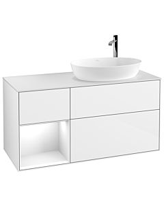 Villeroy und Boch Finion Villeroy und Boch G921GFGF 120cm, plaque de finition blanc mat, Emotion, étagères laqué blanc brillant, laqué blanc brillant