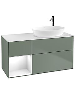 Villeroy und Boch Finion Waschtischunterschrank G921GFGM 120cm, Abdeckplatte white matt, Emotion, Regale Glossy white lacquer, Olive Matt Lacquer