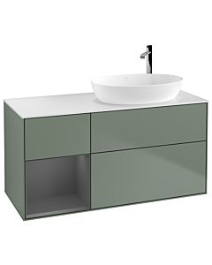 Villeroy und Boch Finion Villeroy und Boch G921GKGM 120cm, plaque de recouvrement blanc mat, Emotion, étagères laqué anthracite mat, Olive Matt Lacquer