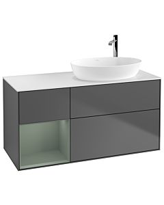 Villeroy und Boch Finion Villeroy und Boch G921GMGK 120cm, plaque de recouvrement blanc mat, Emotion, étagères laqué olive mat, anthracite mat
