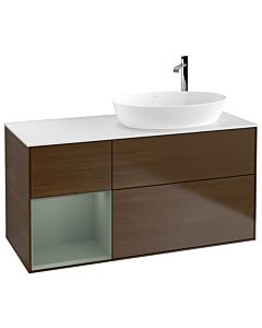 Villeroy und Boch Finion Villeroy und Boch G921GMGN 120cm, plaque de finition blanc mat, Emotion, étagères laqué mat olive, placage noyer