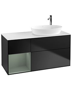 Villeroy und Boch Finion Waschtischunterschrank G921GMPD 120cm, Abdeckplatte white matt, Emotion, Regale Olive matt lacquer, Black matt lacquer