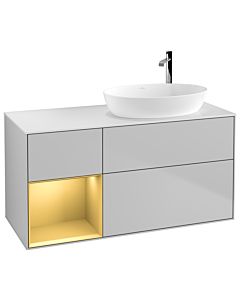 Villeroy und Boch Finion Villeroy und Boch G921HFGJ 120cm, plaque de recouvrement blanc mat, Emotion, étagères laqué or mat, gris clair mat