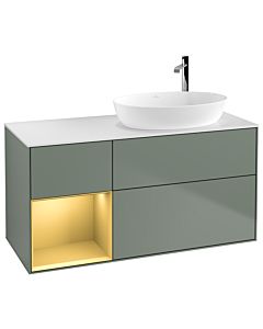 Villeroy und Boch Finion Villeroy und Boch G921HFGM 120cm, plaque de recouvrement blanc mat, Emotion, étagères laqué mat or, Olive Matt Lacquer