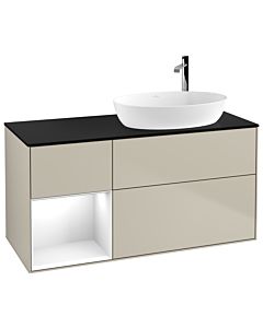 Villeroy und Boch Finion Waschtischunterschrank G922GFHH 120cm, Abdeckplatte black matt, Emotion, Regale Glossy white lacquer, Sand Matt Lacquer