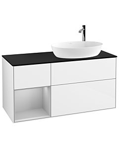 Villeroy und Boch Finion Waschtischunterschrank G922GJGF 120cm, Abdeckplatte black matt, Emotion, Regale Light grey matt lacquer, Glossy white lacquer