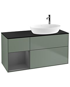 Villeroy und Boch Finion G922GKGM 120cm, plaque de recouvrement noire mate, Emotion, étagères Olive Matt Lacquer anthracite mat, Olive Matt Lacquer