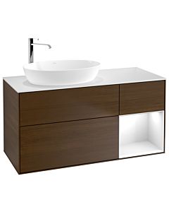 Villeroy und Boch Finion Waschtischunterschrank G931GFGN 120cm, Abdeckplatte white matt, Emotion, Regale Glossy white lacquer, Walnut veneer